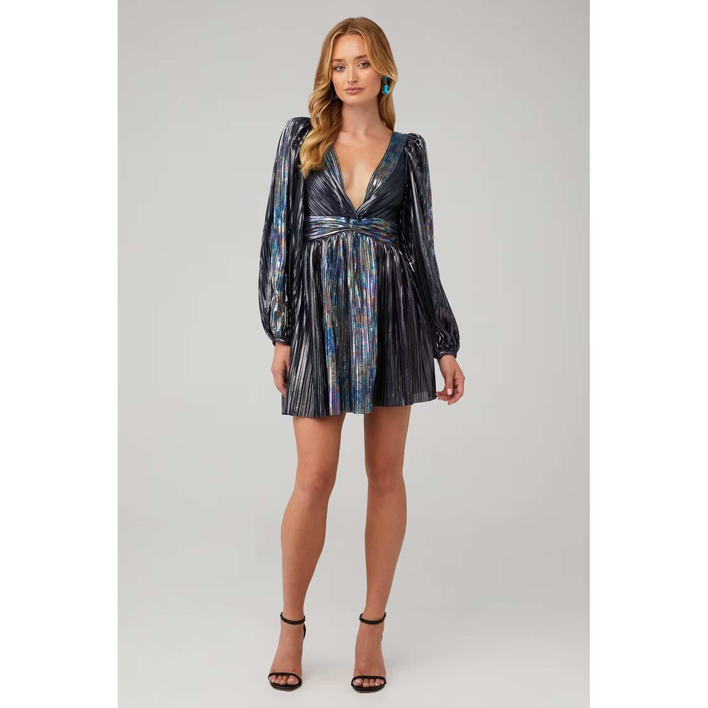 Sabina Musayev Wendy Dark Silver Metallic Pleated Open Back Mini Dress M NWT - Picture 2 of 12